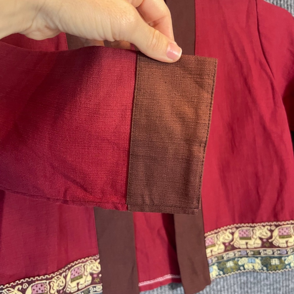 Traditional Thai Elephant Cropped Jacket Red Silk Coin Button Open Front Boho - Picture 5 of 7
